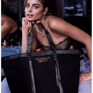 VICTORIA'S SECRET LIMITED EDITION BLACK FRINGE TOTE CANVAS PVC TRIM HANDBAG